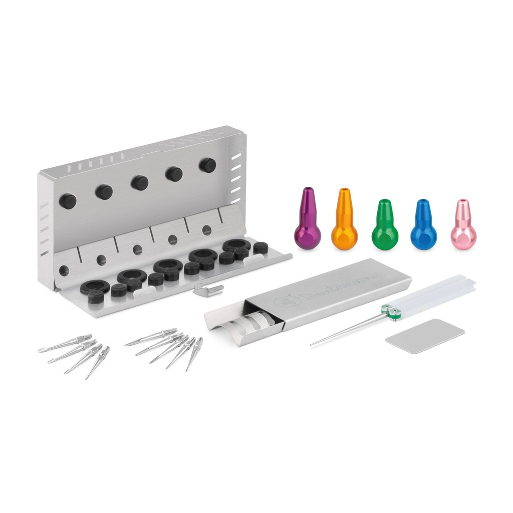 DENTANOMIC Set – Mixed Gold, consisting of 3 short handles (green, blue, and pink) + 2 long handles (purple, orange) + elevator and luxator blade set (9 pieces) + storage rack + grinding set + sterilization container