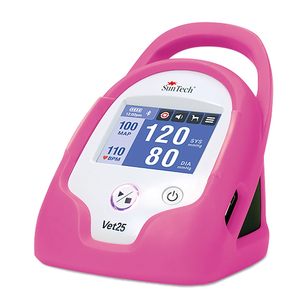 SunTech VET25 pink blood pressure monitor, including 6 cuffs, blood pressure hose, power adapter, Li-ion battery and protective case