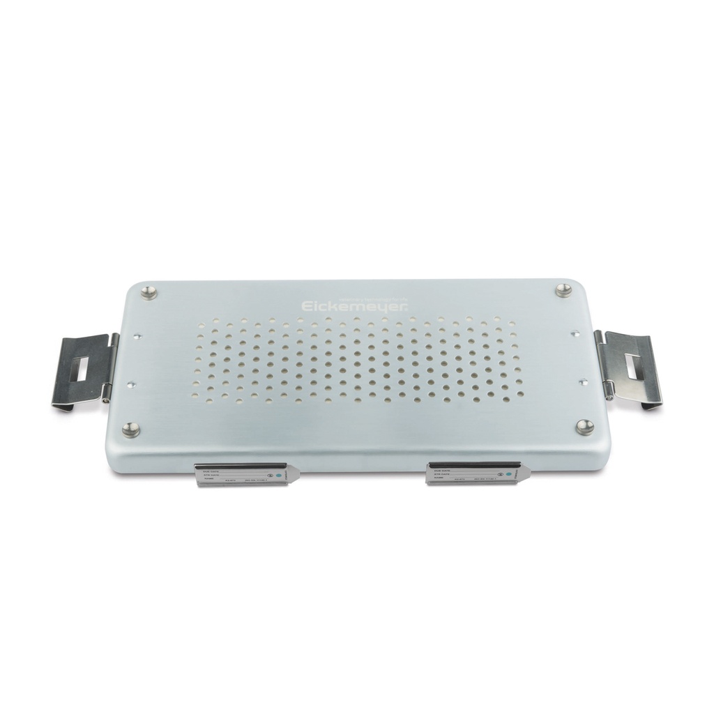 Silver lid for small set container, perforated, 305 x 140 x 20 mm, with paper filter and holder for labels