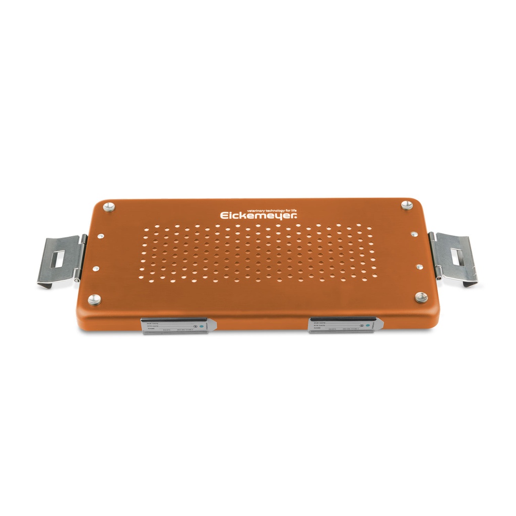 Orange lid for small set container, perforated, 305 x 140 x 20 mm, with paper filter and holder for labels