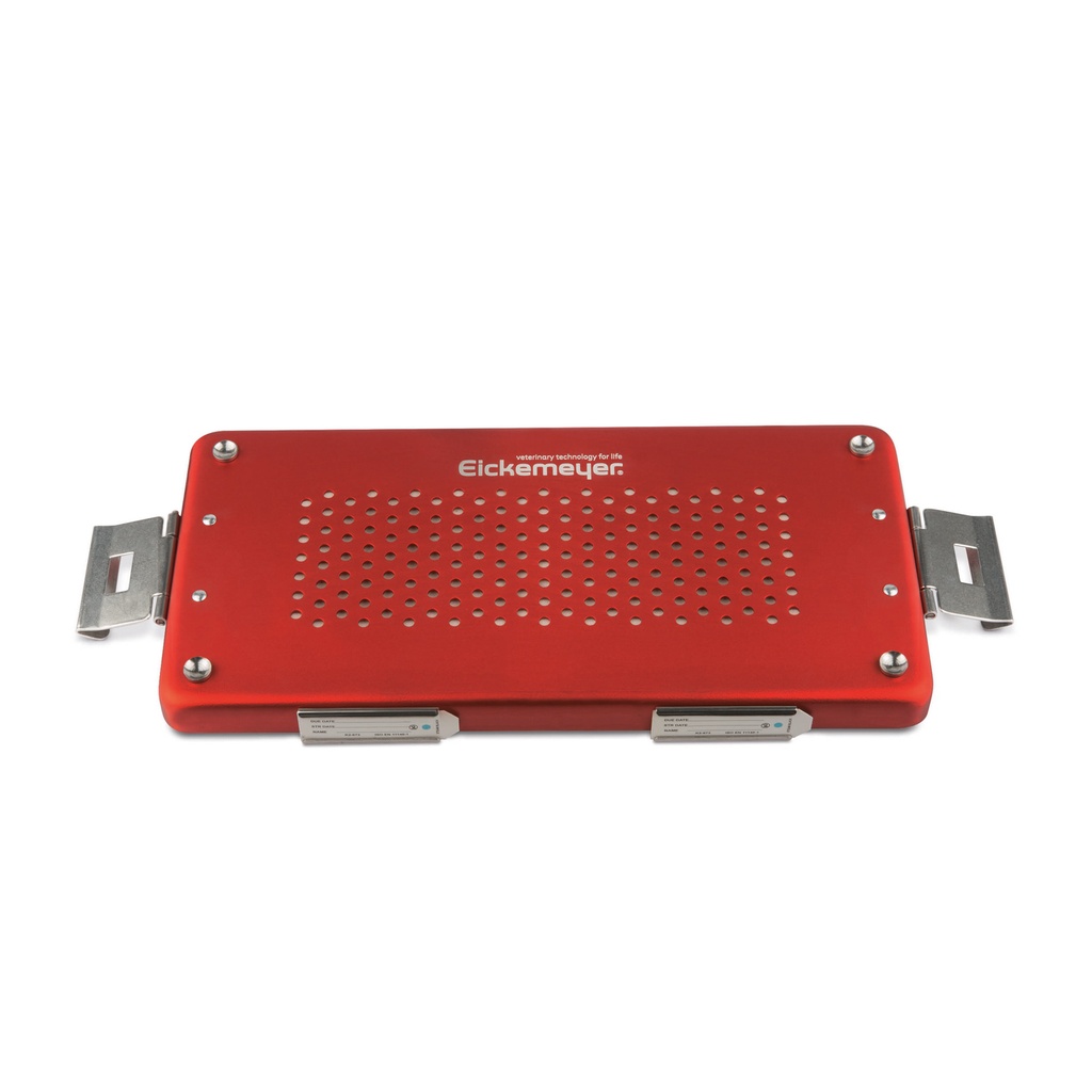 Red lid for small set container, perforated, 305 x 140 x 20 mm, with paper filter and holder for labels