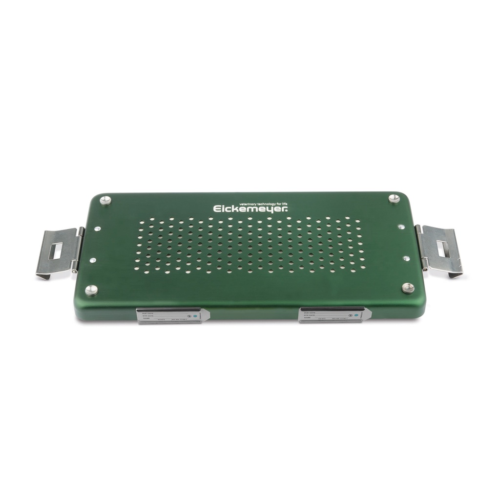 Green lid for small set container, perforated, 305 x 140 x 20 mm, with paper filter and holder for labels