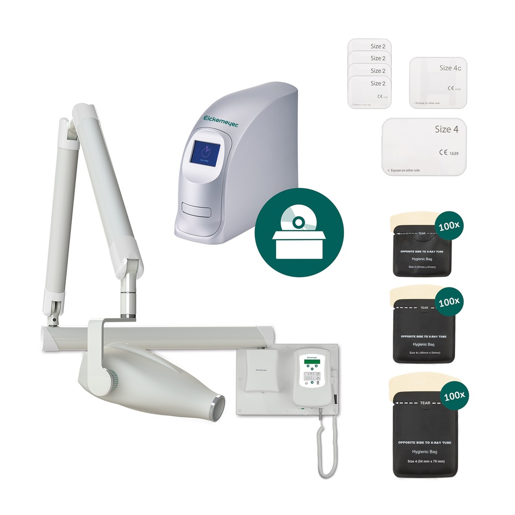 DigiVet CR PREMIUM Dental Reader including starter kit: 4 x IP Size 2 (31 x 41 mm), 1 x IP Size 4c (48 x 54 mm), 1 x IP Size 4 (54 x 76 mm), 100 protective covers each, DigiVet Dental Vet Imaging Software Pack, including DICOM modalities (send/retrieve), and HiRay Dental X-ray unit (of your choice)