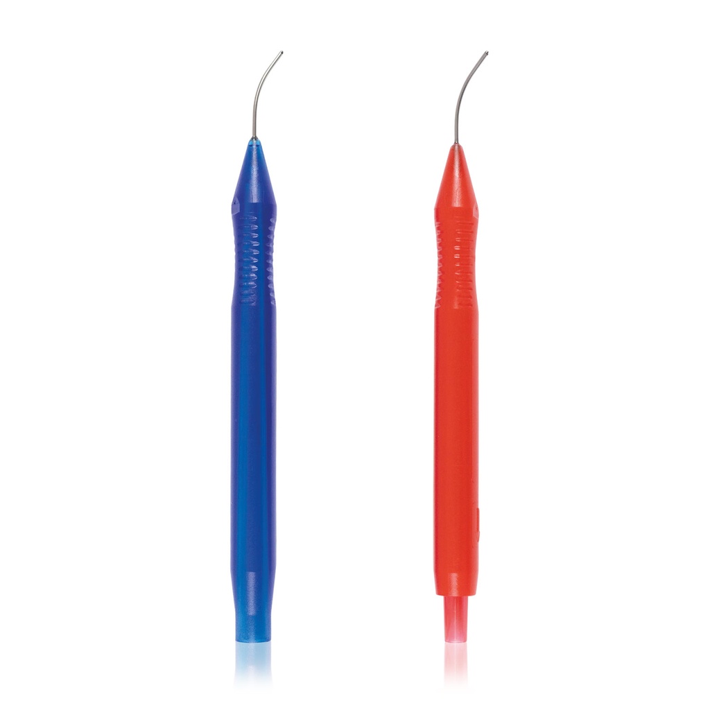 Bimanual System I/A Disposable 21G curved cannulas (1 Irrigation handle open end flush 45° tip/ 1 Aspiration handle outlet ø 0.35 mm, roughened tip)