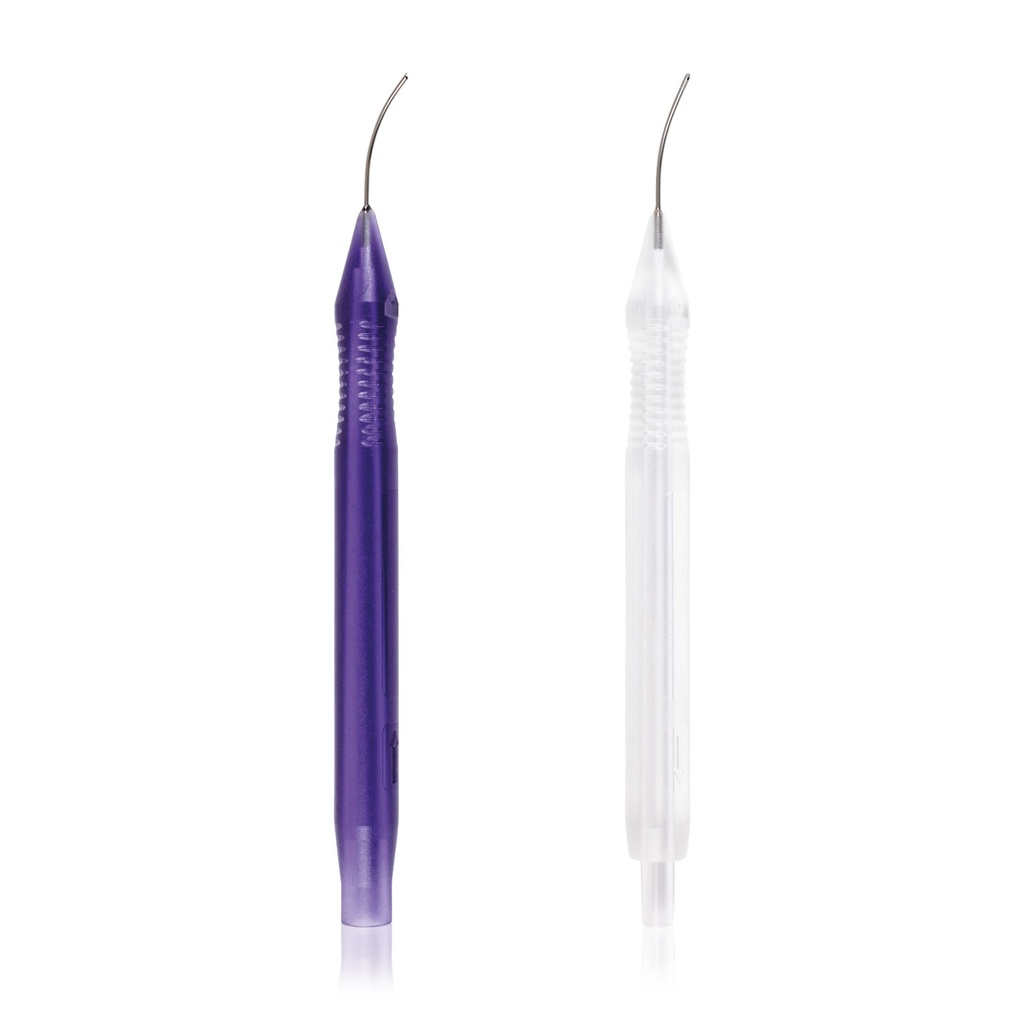 Bimanual System I/A Disposable 23G curved cannulas (1 Irrigation handle open end flush 45°, polished tip / 1 Aspiration handle outlet ø 0.30 mm, roughened tip)