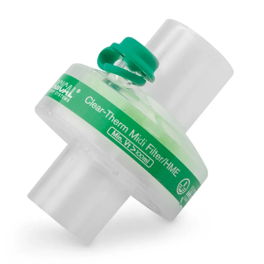 Midi Bacterial Filter (for patients from approx. 10 kg), for connection between the Y-piece and endotracheal tube adapter. Pack of 20