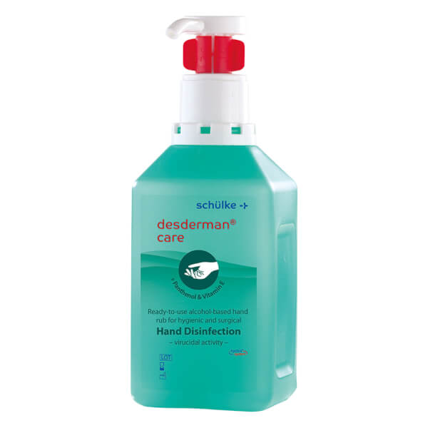 Schülke desderman care, 1‑liter pump bottle — ethanol‑based hand disinfectant with nourishing panthenol