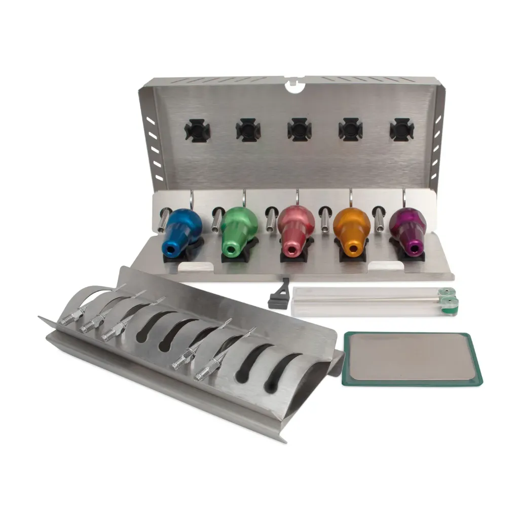 DENTANOMIC Feline Set – Gold (Standard), consisting of 5 standard handles (purple, orange, green, blue, and pink) + 2 mm and 3 mm elevator blades + 1.5 mm, 2 mm, and 3 mm luxator blades + storage rack + sharpening kit + sterilization container