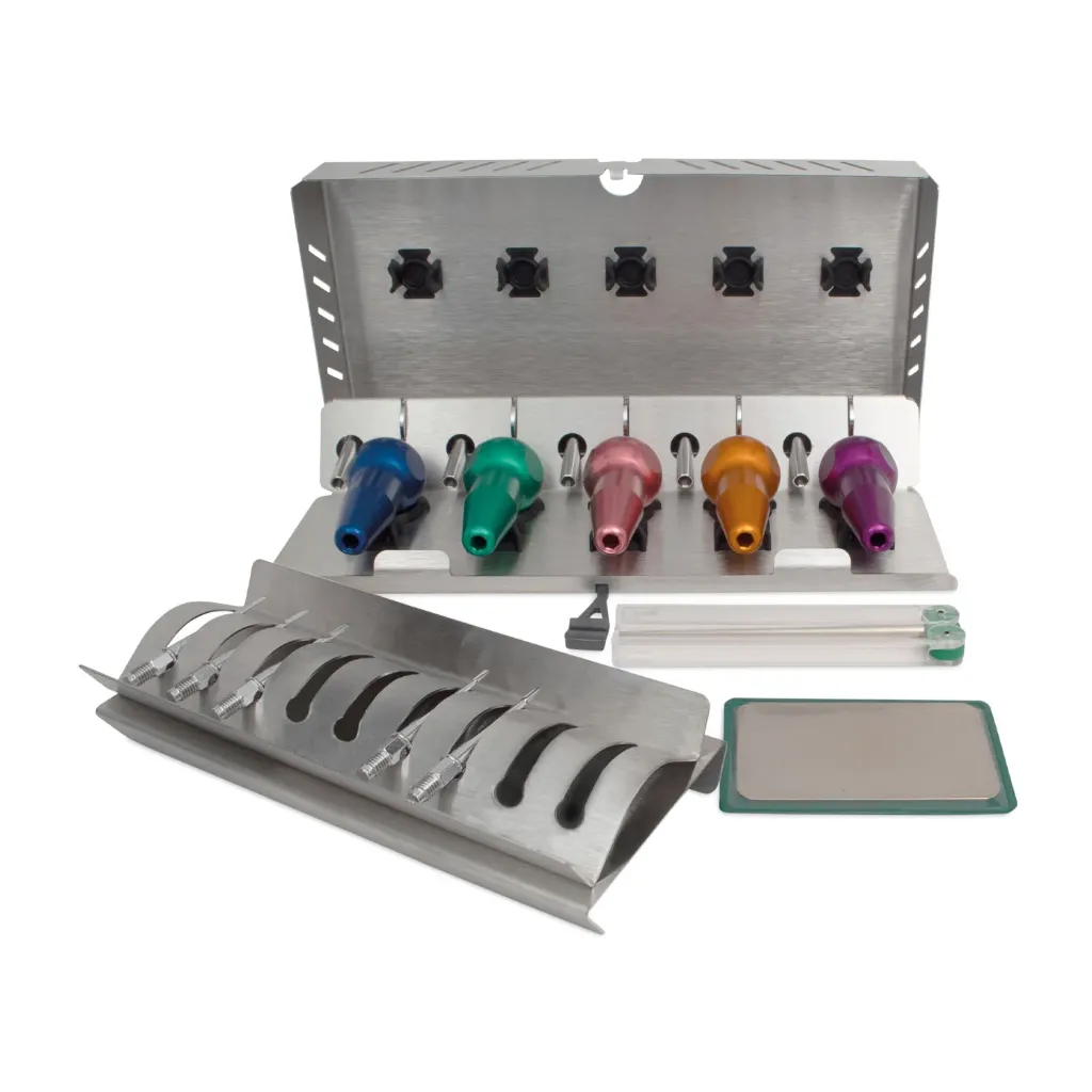 DENTANOMIC Feline Set – Gold (Long), consisting of 5 long handles (purple, orange, green, blue, and pink) + 2 mm and 3 mm elevator blades + 1.5 mm, 2 mm, and 3 mm luxator blades + storage rack + sharpening kit + sterilization container