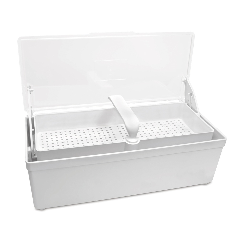 Disinfection tray for endoscopes, with sieve basket and transparent lid, 1 l Dimensions: 26.5 x 11.5 x 8.5 cm