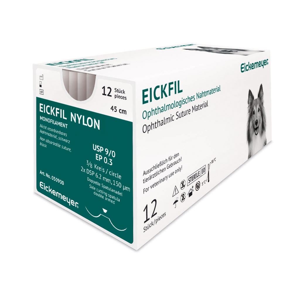 EickFil Nylon, USP 9/0, EP 0.3, 3/8 C 2xDSP 6,2mm 150µm,side cut. double armed black, 45 cm, box with 12 sutures