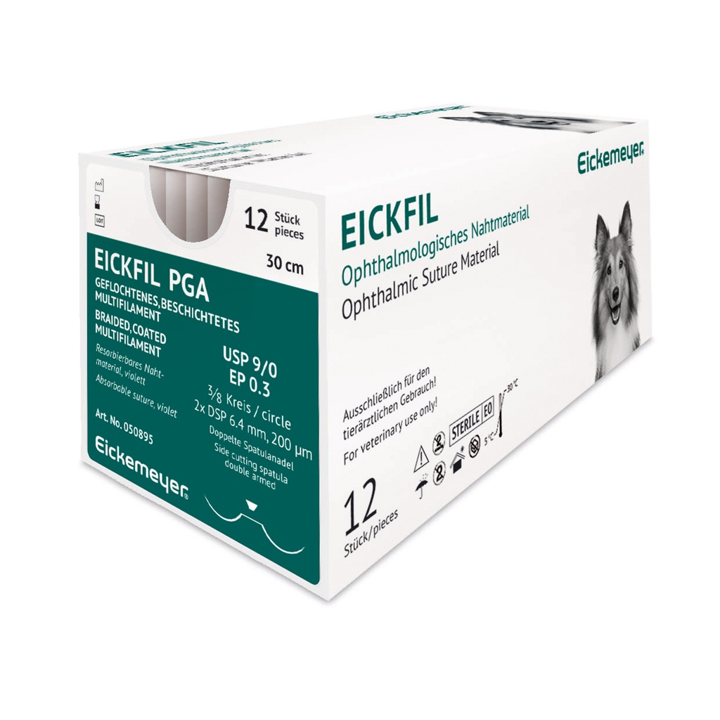 EICKFIL PGA, USP 9/0, EP 0.3, 3/8 circ. 2xDSP 6.4 mm 200 µm, double spatula needle violet, 30 cm, box of 12 threads