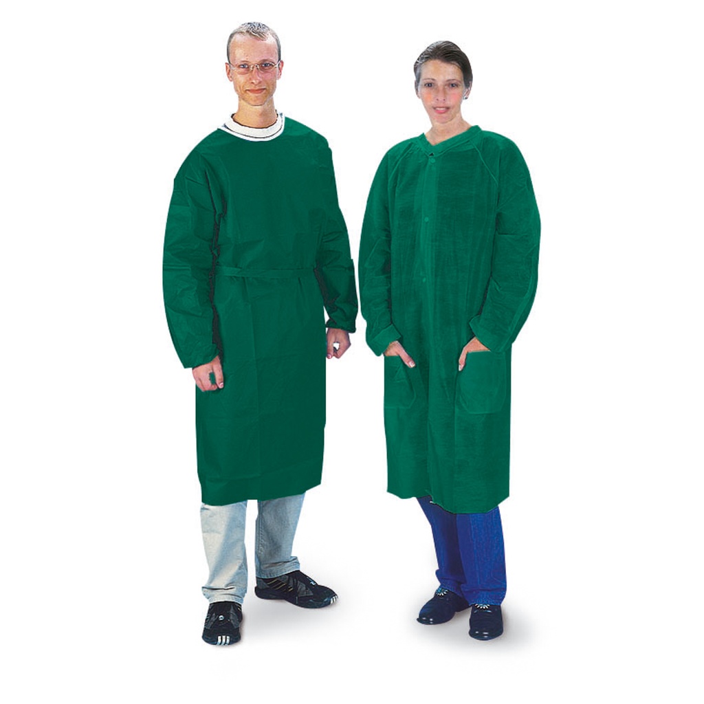 Disposable gown nonwoven, green, with arm and belt, onesize, 10/pack 