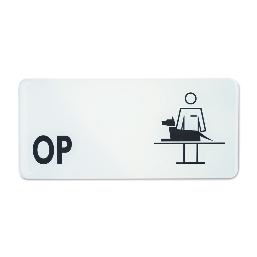 Sign with symbol OP"", 30 x 13,5 cm, black/white 