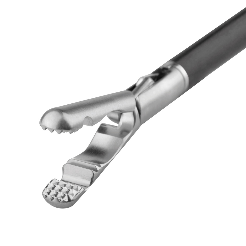 [30495016] Universal grasping forceps, rotatable, with connection for unipolar coagulation = 5 mm, L = 36 cm, plastic handle, with ratchet