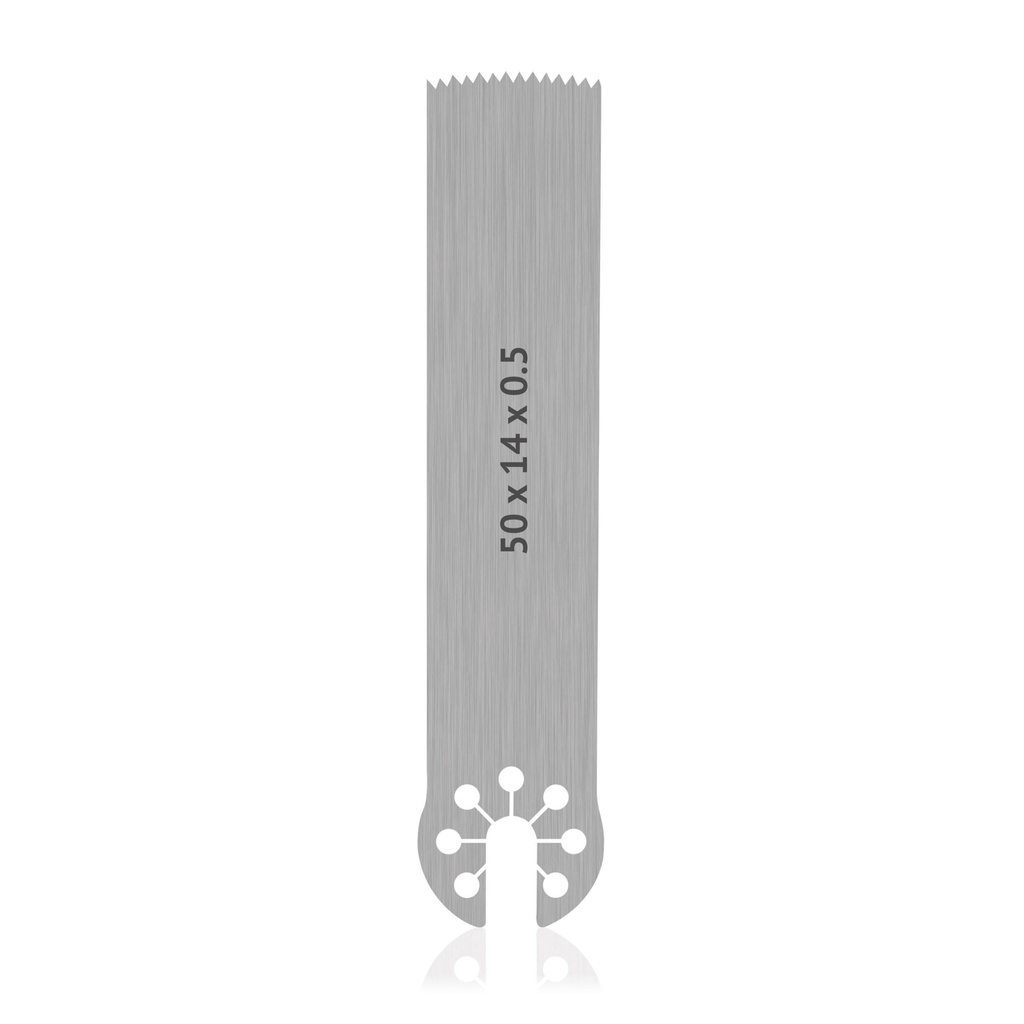 Saw blade for OrthoVet PRO/OrthoVet PLUS with AESCULAP mount, made of stainless steel, dimensions in mm (L 50 x W 14 x H 0.5)