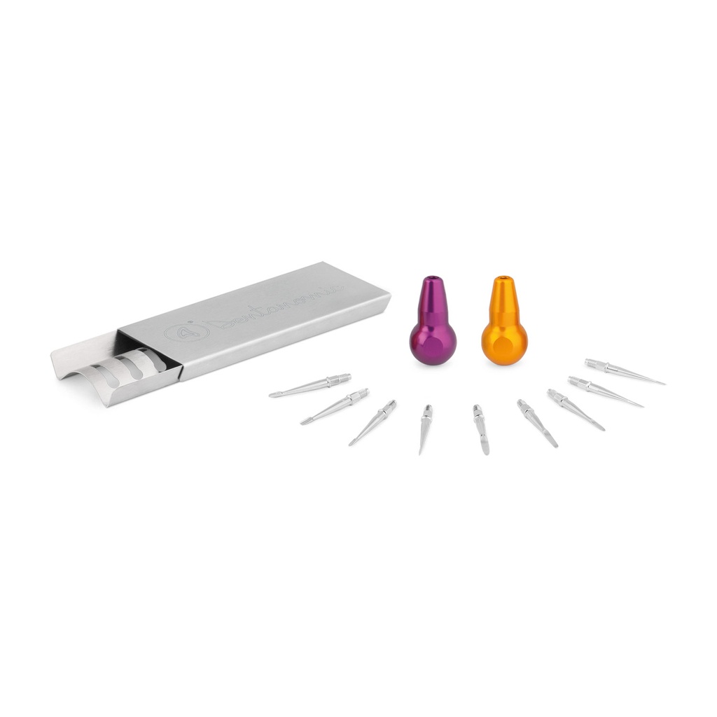 DENTANOMIC Set – Bronze Complete Set, consisting of 2 standard handles (purple and orange) + elevator- and luxator-blade set (9 pieces) + storage rack