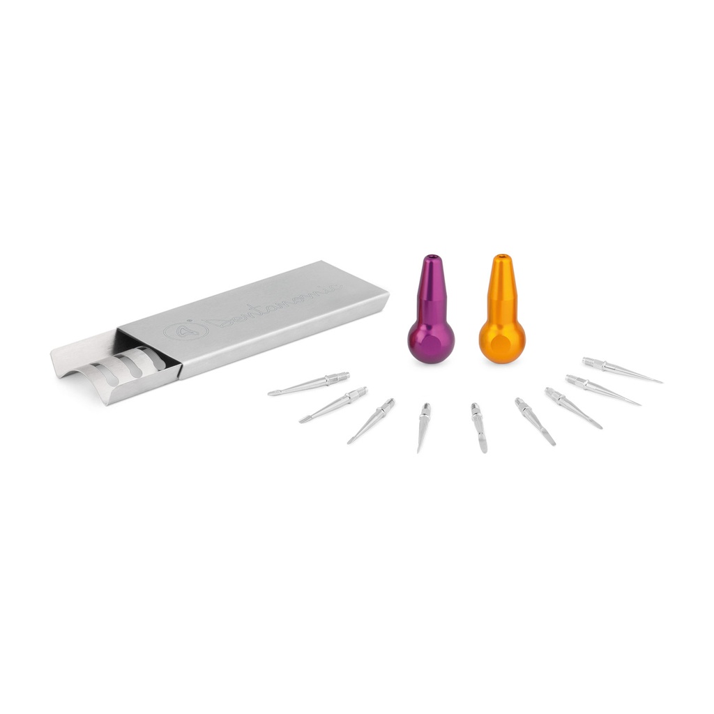 DENTANOMIC Set – Bronze, consisting of 2 long handles (purple and orange) + elevator and luxator blade set (9 pieces) + storage rack