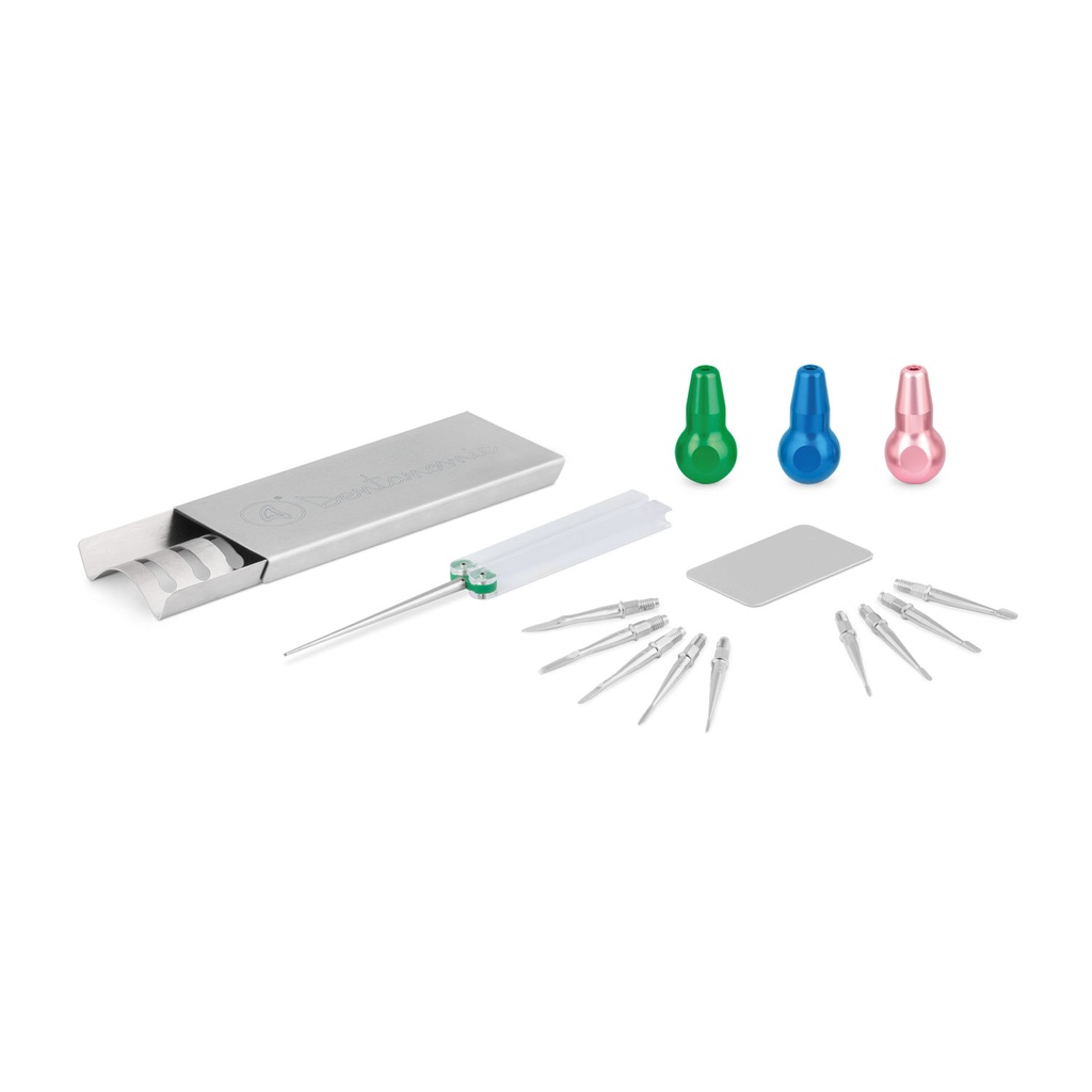 DENTANOMIC Set – silver, consisting of 3 short handles (green, blue, and pink)+ elevator and luxator blade set (9 pieces) + storage rack + honing kit