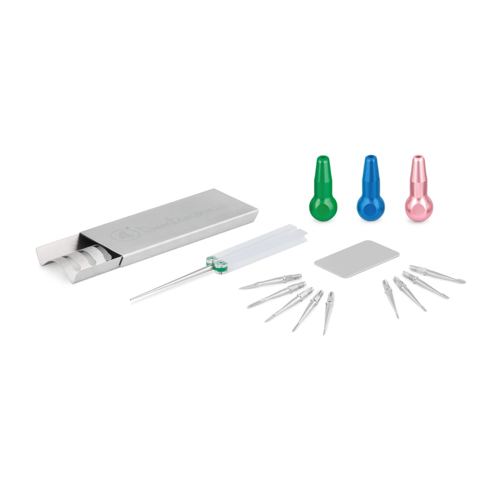 DENTANOMIC Set - Silver, consisting of 3 long handles (green, blue and pink) + a set of elevator and luxator blades (9 pieces) + storage stand + honing set
