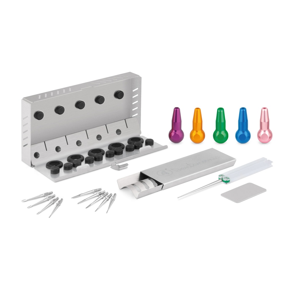DENTANOMIC Set - Gold, consisting of 5 long handles (purple, orange, green, blue and pink) + a set of elevator and luxator blades (9 pieces) + storage stand + honing set + sterilisation container