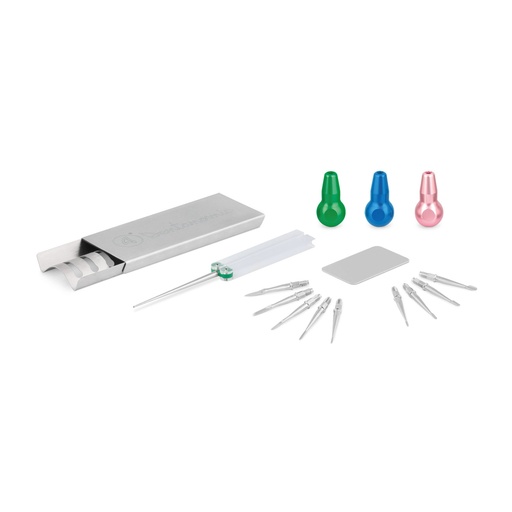 [175060] DENTANOMIC Set – silver, consisting of 3 short handles (green, blue, and pink) + 2 long handles (purple, orange) + elevator and luxator blade set (9 pieces) + storage rack + grinding set + sterilization container