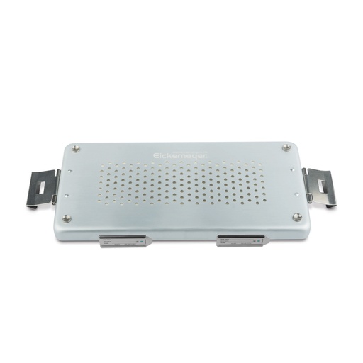 [500710] Silver lid for small set container, perforated, 300 x 140 mm, with textile filter and holder for labels